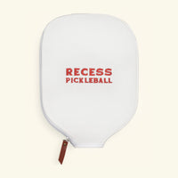 Recess Pickleball white neoprene paddle cover with red embroidered Recess Pickleball text and leather zipper pull