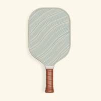 Recess Barton Springs pickleball paddle front view with sage green and cream wave stripe design and brown leather grip