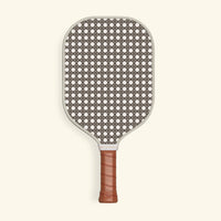 Recess Brooklyn pickleball paddle front view with brown and cream cane weave rattan pattern design and brown leather grip