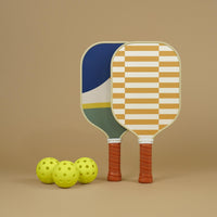 Recess Set For Her with Vista colorful abstract and Goldie gold checker stripe pickleball paddles and yellow balls
